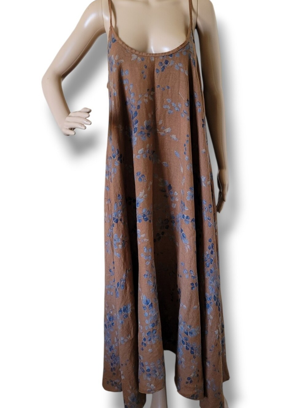 Meo Meli Linen Slip Tent Dress Midi Maxi Brown Blue Floral Earthy OS Oversized